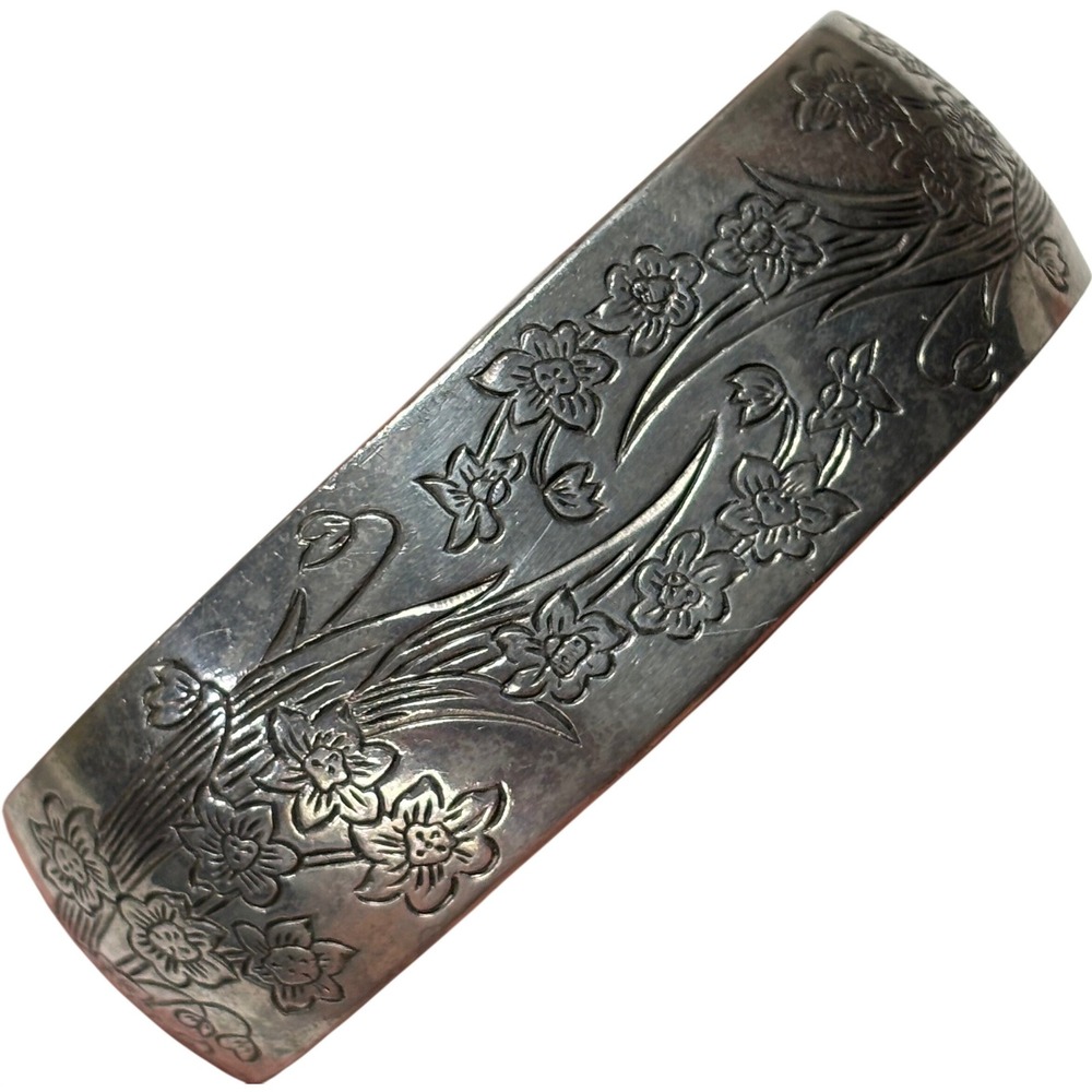 Vintage Silver Kirk Pewter Narcissus Floral Embossed 900-12 Cuff Bracelet